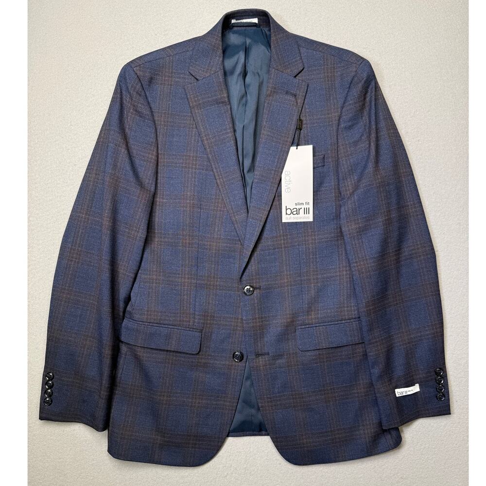 Bar III Men's Slim-Fit Wool Blend Suit Jacket Navy Plaid 38L $425